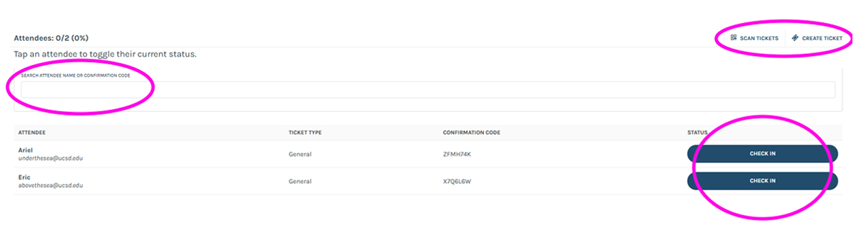 Screenshot of check-in page