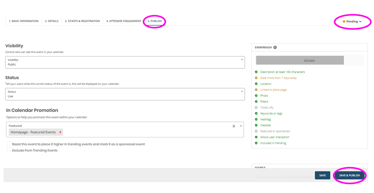Screenshot showing location of fifth tab: 5 Publish Event