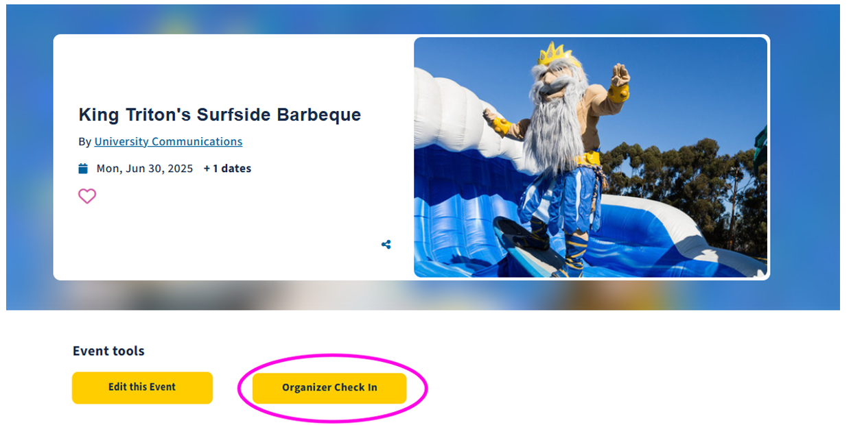Screenshot showing location of 'Organizer Check-In' link