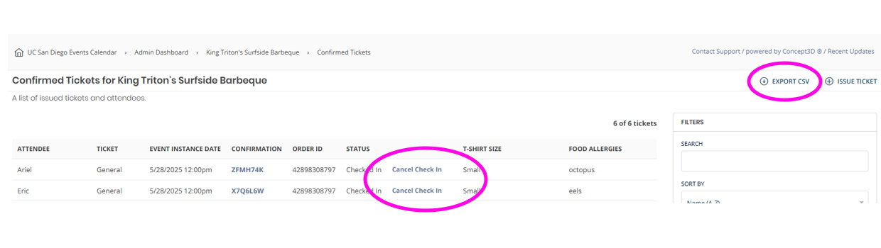 Screenshot of Confirmed Tickets screen