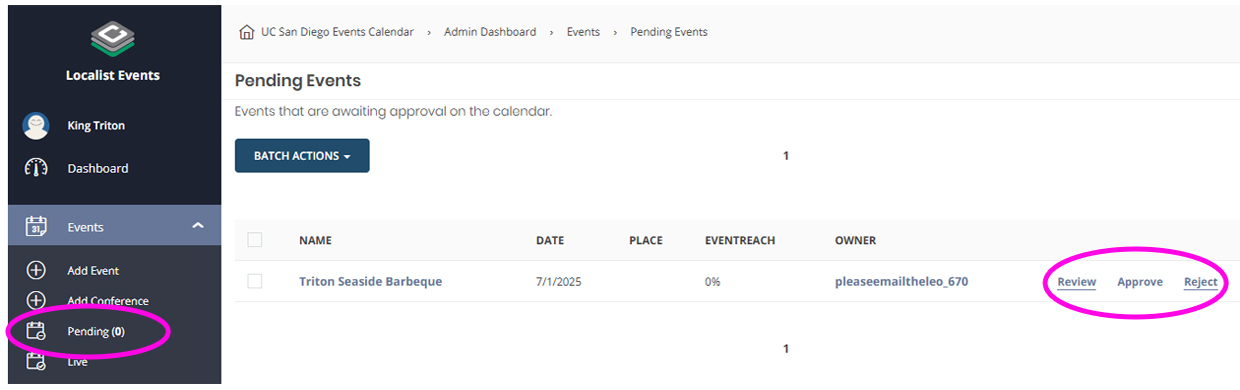 Screenshot showing location of Pending section