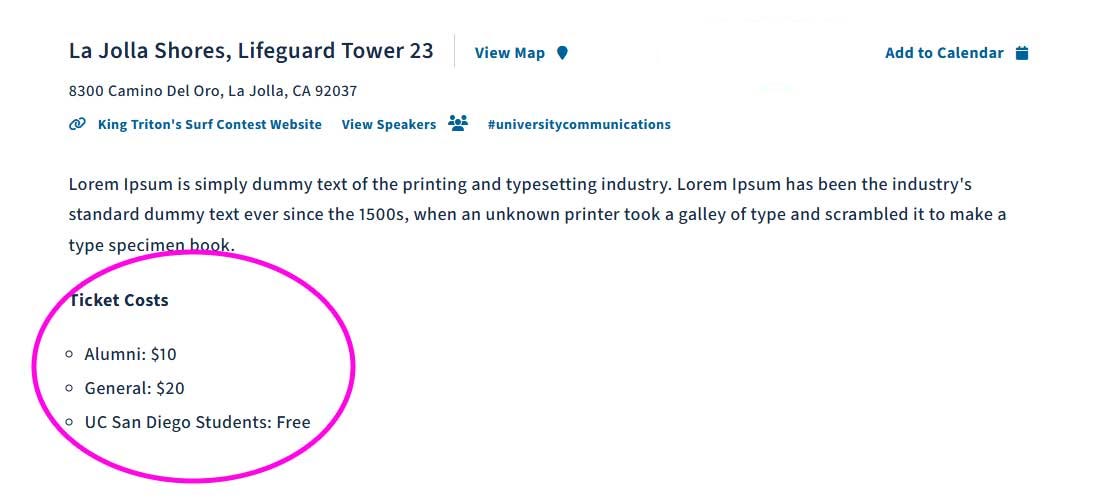 Ticket cost listed in event description example